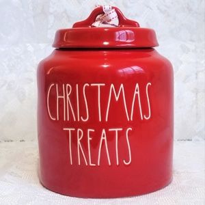 Rae Dunn Storage Container Magenta "Christmas Treats" Jar Red Ceramic Canister